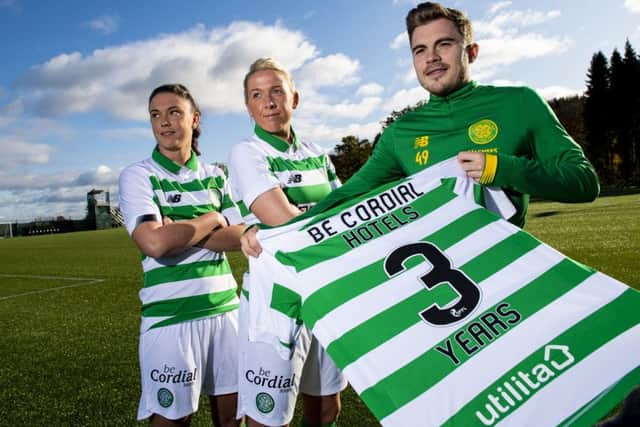 James Forrest joins Kelly Clark, left, and Chloe Craig of the Celtic women's team to announce their new three-year partnership with beCordial hotels. Picture: SNS.