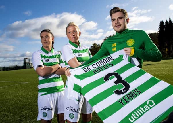 James Forrest joins Kelly Clark, left, and Chloe Craig of the Celtic women's team to announce their new three-year partnership with beCordial hotels. Picture: SNS.