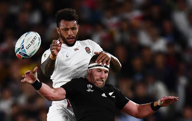 England lock Courtney Lawes outjumps New Zealand No 8 Kieran Read during last Saturday's World Cup semi-final. Picture: Charly Triballeau/AFP via Getty Images