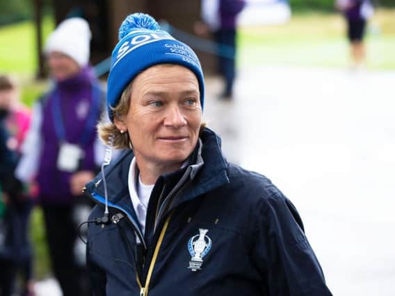 Team Europe captain Catriona Matthew reacts during a preview round of the 2019 Solheim Cup