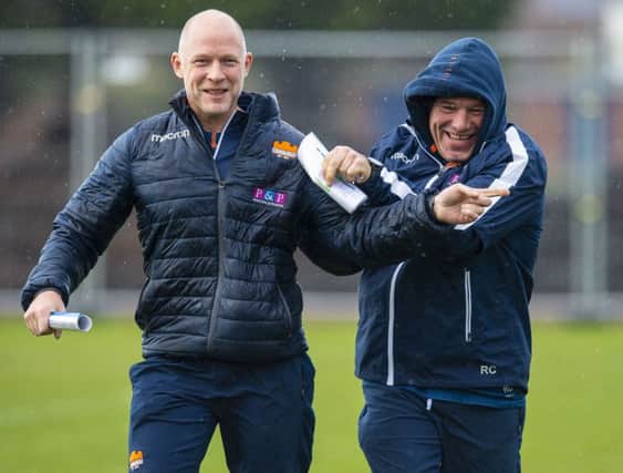 Edinburgh head coach Richard Cockerill, right, jokes around with assistant Duncan Hodge at BT Murrayfield. Picture: Ross MacDonald/SNS