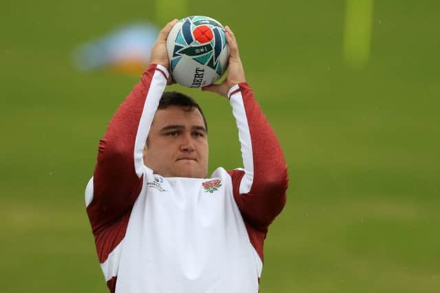 England hooker Jamie George prepares to throw the ball during a training session at Fuchu Asahi Football Park. Picture: David Rogers/Getty Images