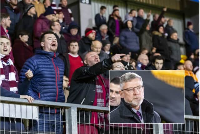 Fans vent their ire at Hearts boss Craig Levein (inset). Picture: SNS Group