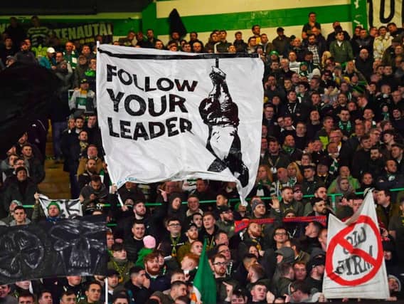 Celtic fans display an anti-fascist banner during their Europa League clash with Lazio. Picture: SNS