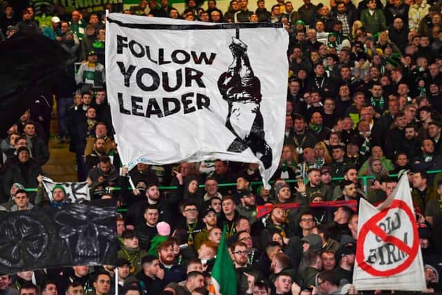 Celtic fans display an anti-fascist banner during their Europa League clash with Lazio. Picture: SNS