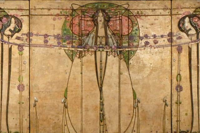 Part of Margaret Mackintosh's May Queen frieze, which she produced for the Ingram Street Tea Rooms designed by her husband. The couple collaborated on the project around the time of their wedding in 1900.