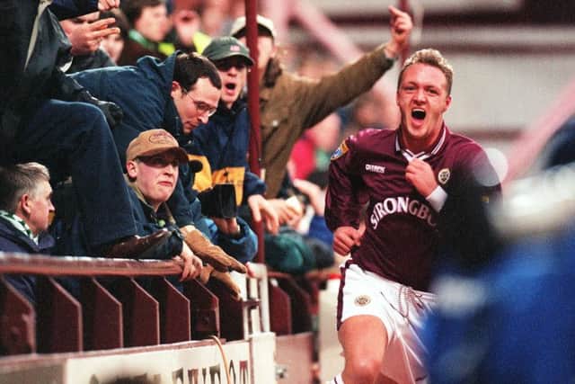 Steve Fulton celebrates scoring against Hibs in the 1998 New Year's Day derby at Tynecastle. Picture: Neil Hanna