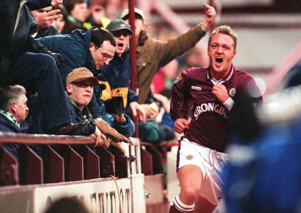 Steve Fulton celebrates scoring against Hibs in the 1998 New Year's Day derby at Tynecastle. Picture: Neil Hanna