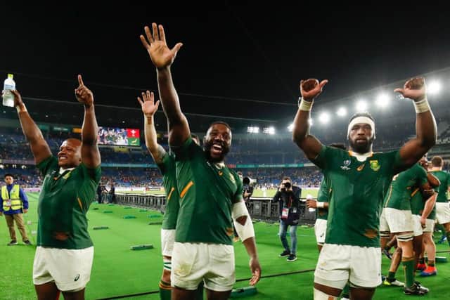 South Africa's hooker Bongi Mbonambi (L), prop Tendai Mtawarira (C) and flanker Siya Kolisi celebrate reaching the final. Picture: Odd Andersen/AFP via Getty Images
