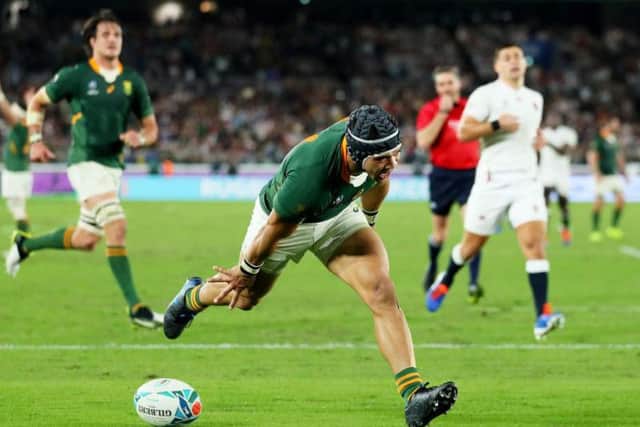 Cheslin Kolbe of South Africa celebrates after scoring his team's second try