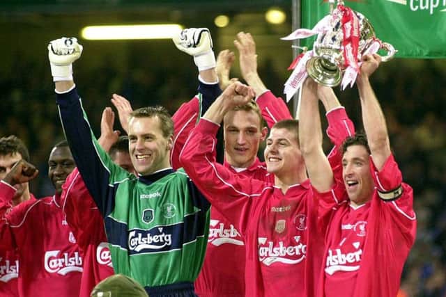 Steven Gerrard, second from right, after Liverpools 2001 League Cup win. Picture: PA
