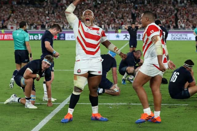 Japan's Isileli Nakajima celebrates his side's thrilling 28-21 victory over Scotland in Yokohama. Picture: David Davies/PA Wire.