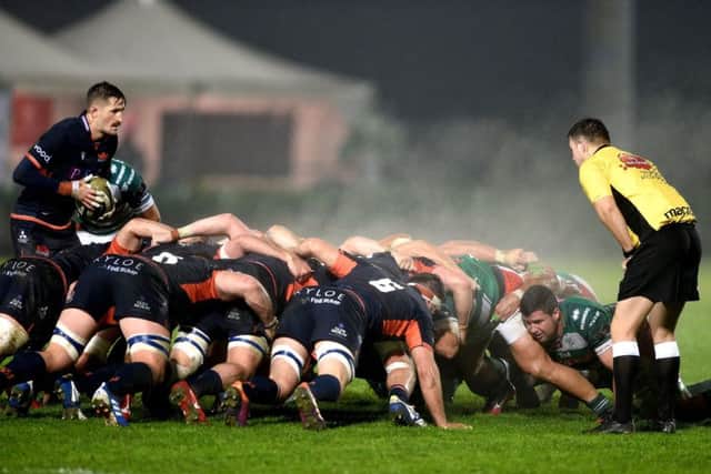 Scrum-half Henry Pyrgos gets ready to put the ball in at an Edinburgh scrum. Picture: Elena Barbini/INPHO/Shutterstock