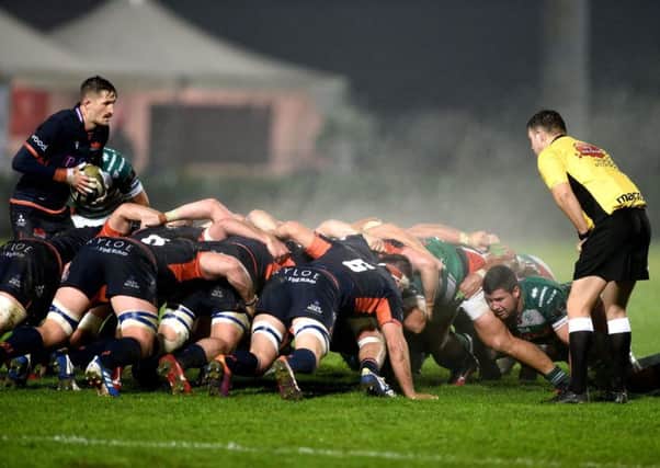 Scrum-half Henry Pyrgos gets ready to put the ball in at an Edinburgh scrum. Picture: Elena Barbini/INPHO/Shutterstock