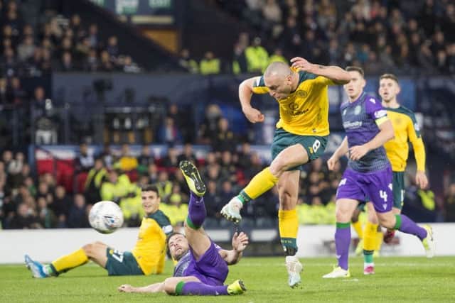 Celtic captain Scott Brown makes it 5-2 against Hibs in the Betfred Cup semi-final. Picture: Ian Rutherford/PA Wire