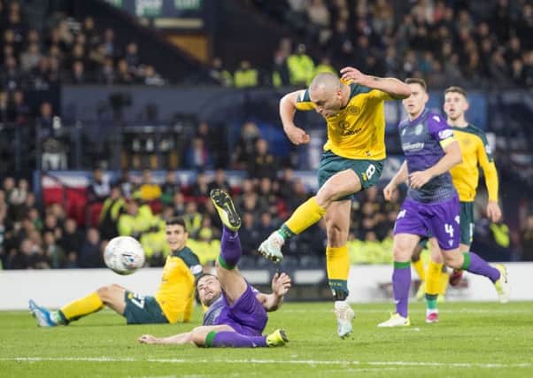 Celtic captain Scott Brown makes it 5-2 against Hibs in the Betfred Cup semi-final. Picture: Ian Rutherford/PA Wire