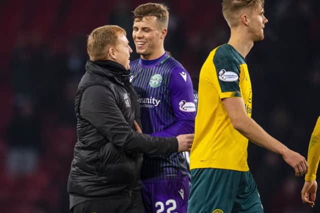Neil Lennon and Flo Kamberi, who didnt always see eye to eye at Easter Road, are all smiles at full-time. Picture: Craig Williamson/SNS