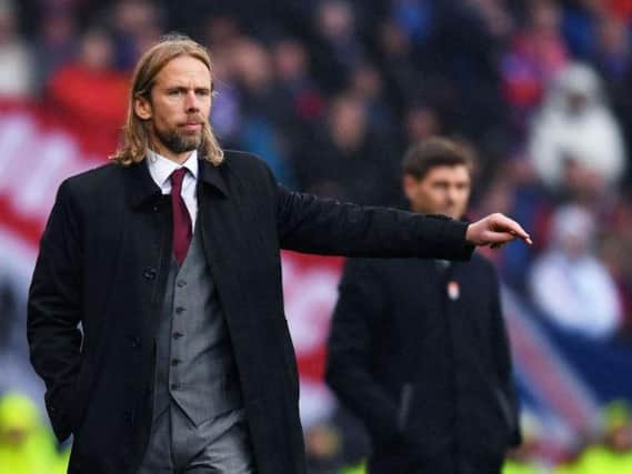 Austin MacPhee instructs Hearts from the technical area at Hampden