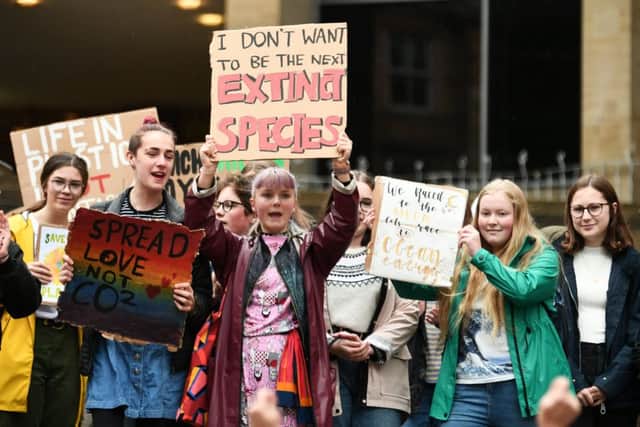 School pupils protest on the Royal Concert Hall steps in Glasgows Buchanan St. Picture: John Devlin