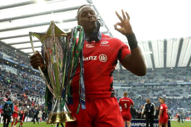 Maro Itoje of Saracens celebrates Saracens' Champions Cup final over Leinster last season. Picture: David Rogers/Getty Images