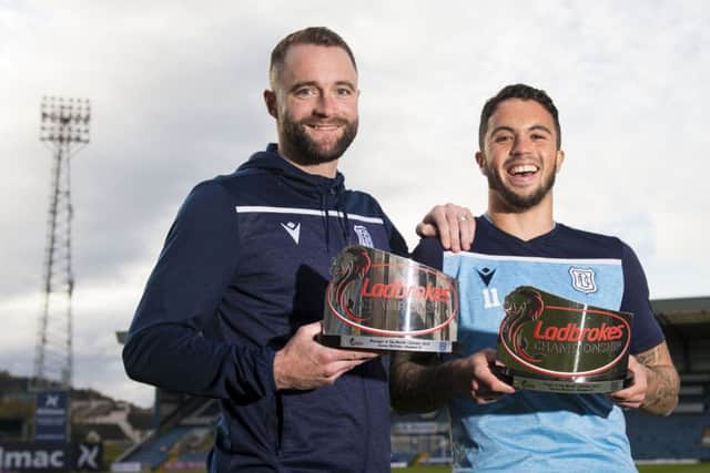 Dundee head coach James McPake and midfielder Declan McDaid with the Ladbrokes Championship Manager and Player of the Month Awards for October. Picture: Ross MacDonald/SNS