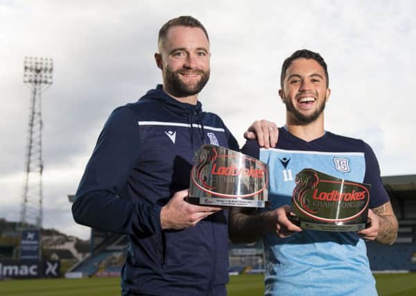 Dundee head coach James McPake and midfielder Declan McDaid with the Ladbrokes Championship Manager and Player of the Month Awards for October. Picture: Ross MacDonald/SNS