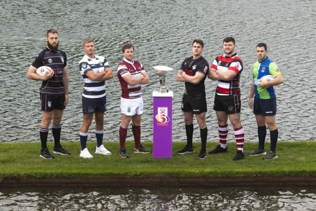 The Super 6 captains, from left, Pete McCallum (Ayrshire Bulls), Iain Wilson (Heriots), Lee Millar (Watsonians), Craig Jackson (Southern Knights), Reyner Kennedy (Stirling County) and Chris Laidlaw  (Boroughmuir Bears) launch the new competition. Picture: SNS/SRU.