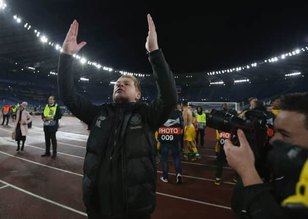 Joy for Neil Lennon after Celtic's first ever competitive win on Italian soil.  Picture: Paolo Bruno/Getty Images