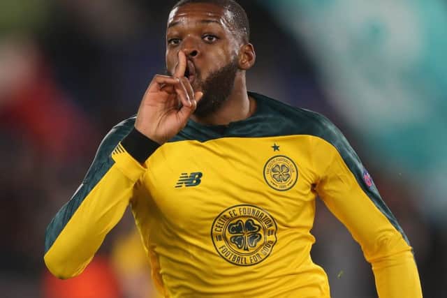 Olivier Ntcham celebrates his injury-time winner for Celtic against Lazio. Picture: Paolo Bruno/Getty Images