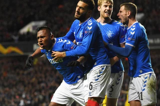 Rangers striker Alfredo Morelos celebrates after giving Rangers the lead. Picture: SNS