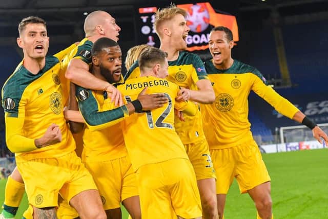 Celtic's French midfielder Olivier Ntcham (3rdL) celebrates with team-mates after scoring the winning goal during the Europa League Group E match against Lazio in Rome. Picture: Tiziana Fabi/AFP via Getty Images
