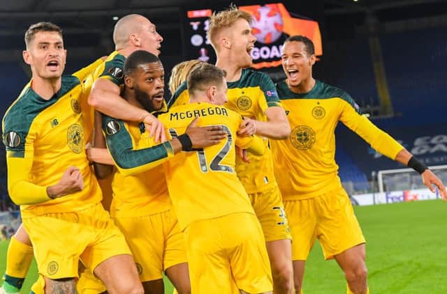 Celtic's French midfielder Olivier Ntcham (3rdL) celebrates with team-mates after scoring the winning goal during the Europa League Group E match against Lazio in Rome. Picture: Tiziana Fabi/AFP via Getty Images
