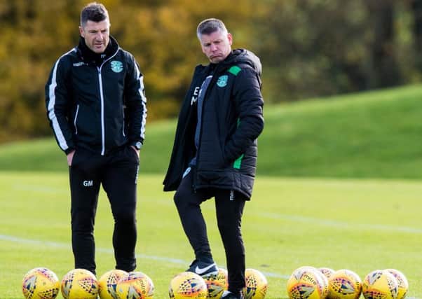 Eddie May, right, and Grant Murray prepare the Hibs team for this weekend's crucial trip to Perth. Picture: SNS