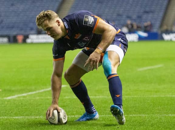 Duhan van der Merwe touches down for Edinburgh's second try against Dragons last night. Picture: Bruce White/SNS