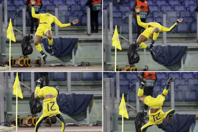 In this combined picture, clockwise from top left, Celtic's Olivier Ntcham does a backward flip after scoring his side's winning goal during the Europa League group E match against Lazio