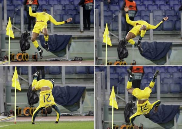 In this combined picture, clockwise from top left, Celtic's Olivier Ntcham does a backward flip after scoring his side's winning goal during the Europa League group E match against   Lazio
