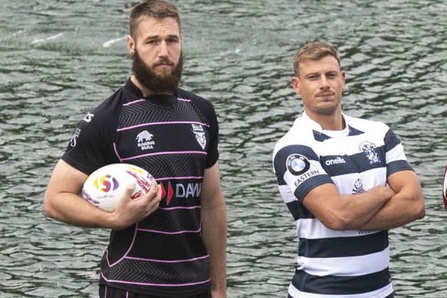 Ayrshire Bulls' Pete McCallum and Iain Wilson of Heriot's at the FOSROC Super6 launch. Picture: Gary Hutchison/SNS