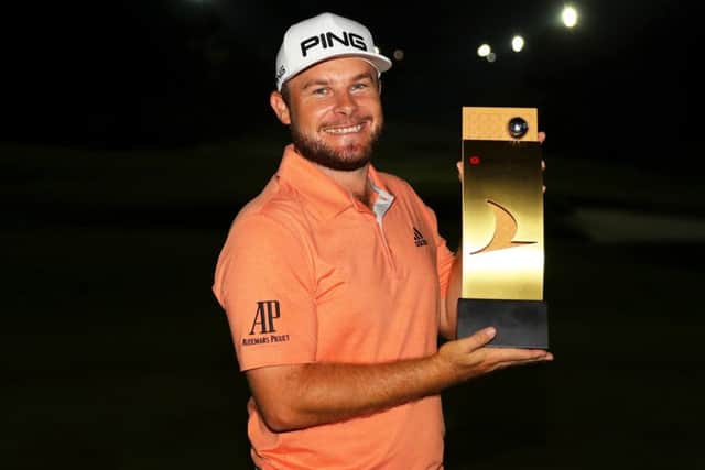 Englishman Tyrrell Hatton shows off the Turkish Airlines Open trophy after his play-off victory at Montgomerie Maxx Royal in Belek. Picture: Getty Images