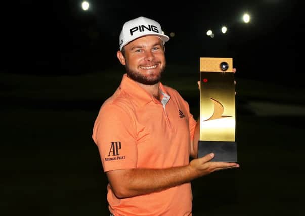 Englishman Tyrrell Hatton shows off the Turkish Airlines Open trophy after his play-off victory at Montgomerie Maxx Royal in Belek. Picture: Getty Images