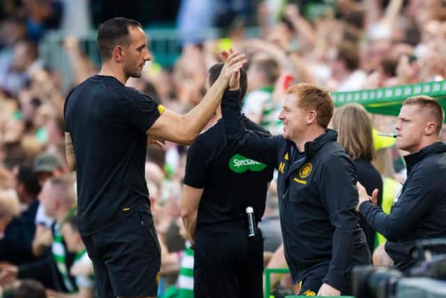 John Kennedy with Celtic manager Neil Lennon. Picture: SNS