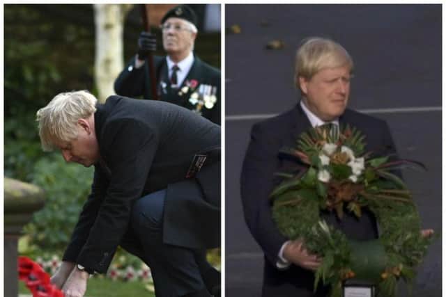 Boris Johnson (left) laying a wreath at Sunday's Remembrance Day service in London and (right) the old footage shown by the BBC from 2016