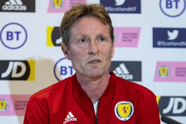 Scotland U21 head coach Scot Gemmill addresses the media. Picture: Craig Williamson/SNS