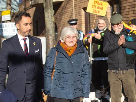 Former Catalan minister Clara Ponsati who is facing extradition to Spain arrives at St Leonard's Police Station, with her lawyer Aamer Anwar. Picture: PA
