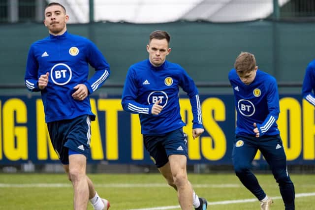 Scotland's Declan Gallagher, Lawrence Shankland and James Forrest during a training session in preparation for the match against Cyprus. Picture: Craig Williamson/SNS