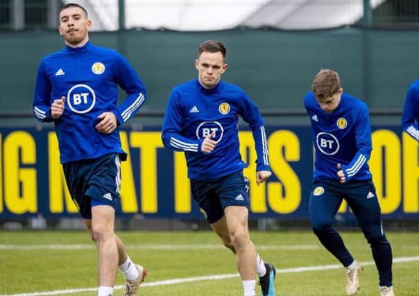 Scotland's Declan Gallagher, Lawrence Shankland and James Forrest during a training session in preparation for the match against Cyprus. Picture: Craig Williamson/SNS