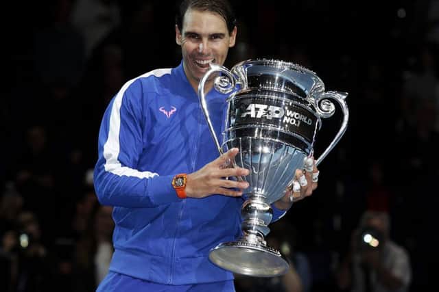 Rafa Nadal at the 02 with his trophy for ending the year at No 1. Picture: Julian Finney/Getty