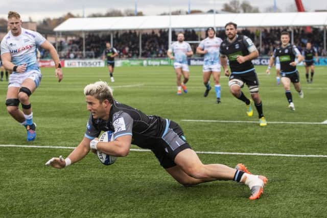 DTH Van der Merwe scores during the Champions Cup match between Glasgow and Sale at Scotstoun. Picture: Gary Hutchison/SNS/SRU