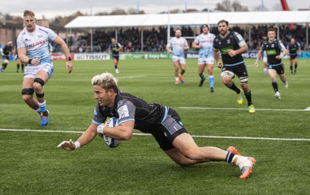 DTH Van der Merwe scores during the Champions Cup match between Glasgow and Sale at Scotstoun. Picture: Gary Hutchison/SNS/SRU