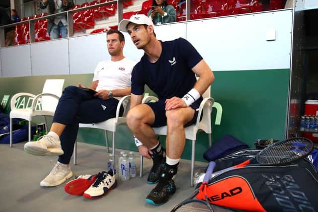 Andy Murray and Leon Smith during practice ahead of Great Britain's opening Davis Cup tie.