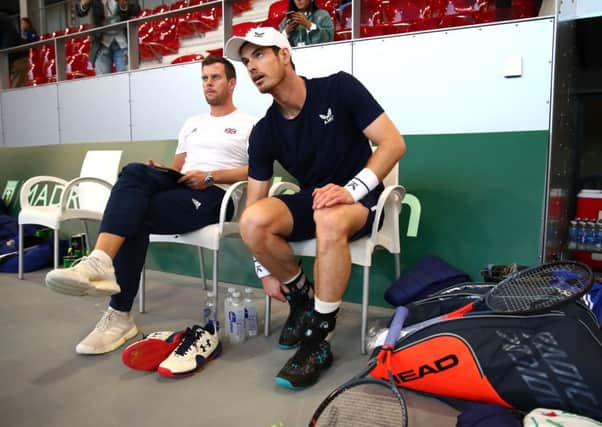 Andy Murray and Leon Smith during practice ahead of Great Britain's opening Davis Cup tie.